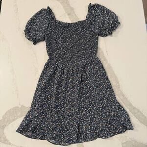 Promesa Cottagecore PuffSleeve Smocked Mini Floral Dress Womens Small Blue/White